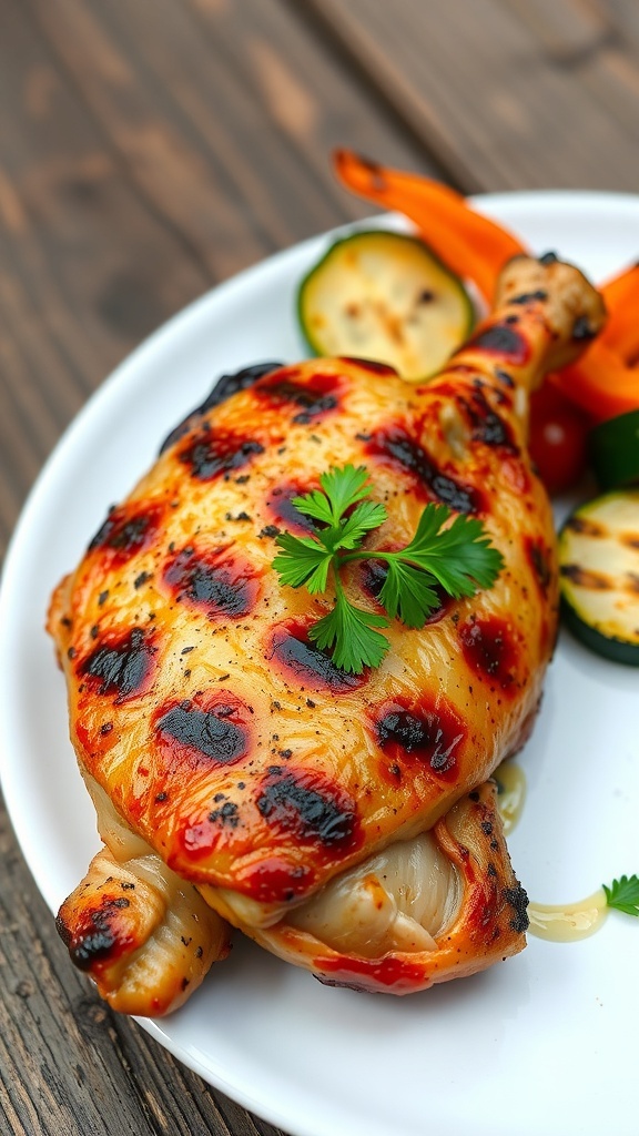 Grilled chicken thigh on a plate with grilled vegetables and parsley garnish.